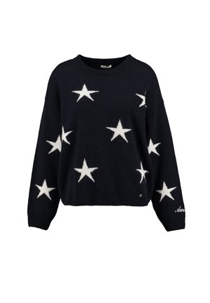 Granatowy sweter wykonany z miękkiego materiału, z białymi wzorami gwiazdek, okrągłym dekoltem, długimi rękawami oraz dopasowanym dołem z małym logo.