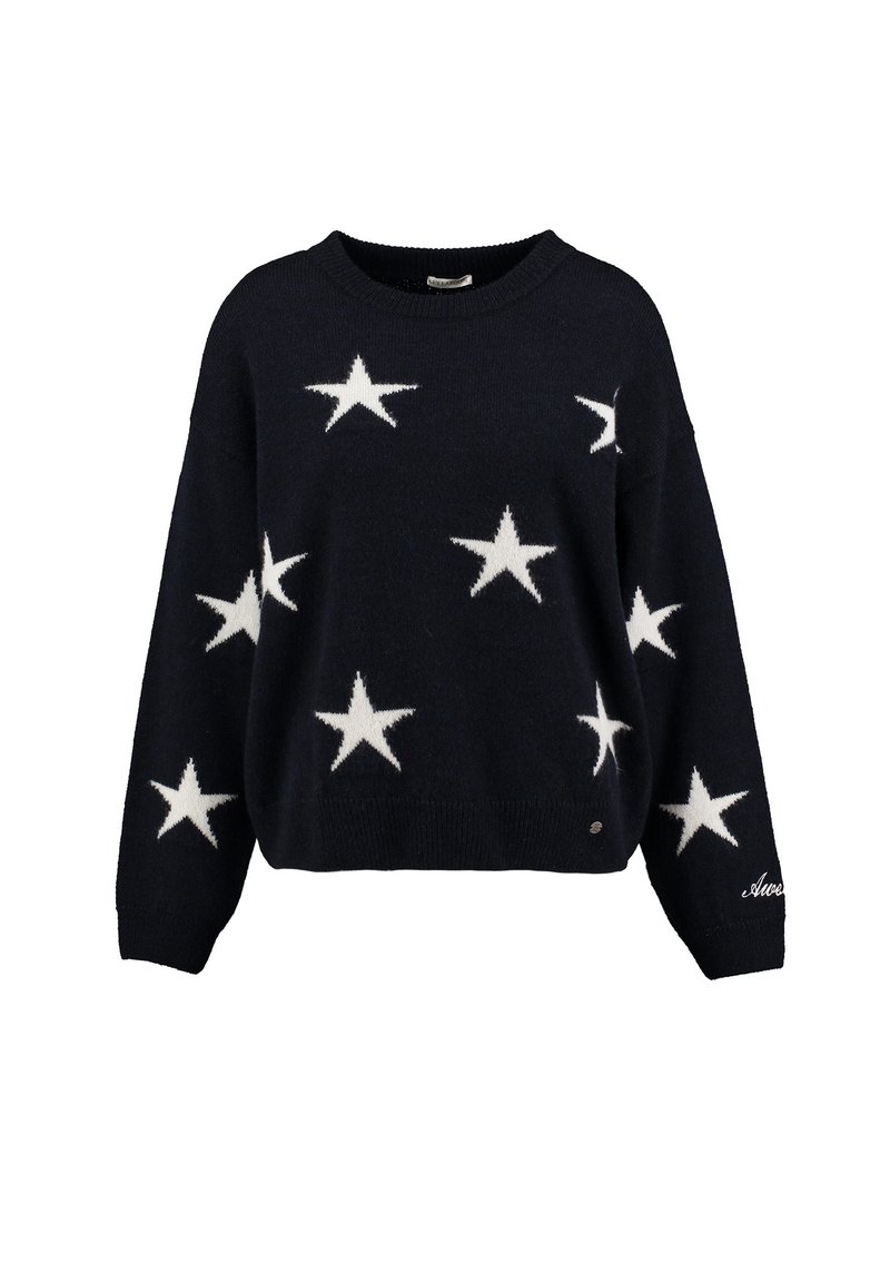 Maglione navy in materiale morbido con motivi a stella bianchi, scollatura a girocollo, maniche lunghe e orlo aderente con un piccolo logo.