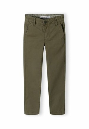 Chinos en coton vert olive avec une coupe droite, des poches avant et des passants de ceinture. Présente une doublure à motif discret à la taille.