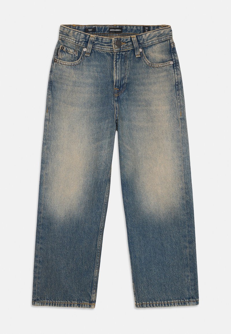 Bredde ben blå denimjeans med en falmet finish, fem lommer, beltehemper og glidelås. Materiale av bomull med en glatt tekstur.
