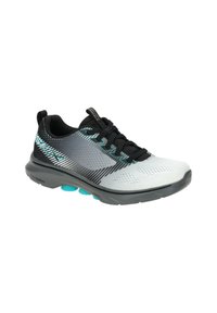 Laufschuh in Schwarz, Weiß und Türkis. Verfügt über ein Obermaterial aus Mesh mit diagonalen Streifenmustern, eine gepolsterte Sohle und schwarze Schnürsenkel.