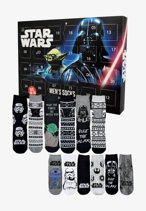 Star Wars men's sock advent calendar featuring various designs, colors include gray, black, and white, with patterns from characters and quotes.