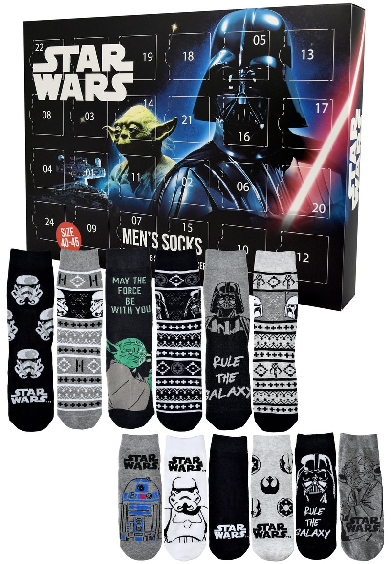 Calendario dell'Avvento di calzini da uomo Star Wars con vari design, colori che includono grigio, nero e bianco, con motivi dei personaggi e frasi.