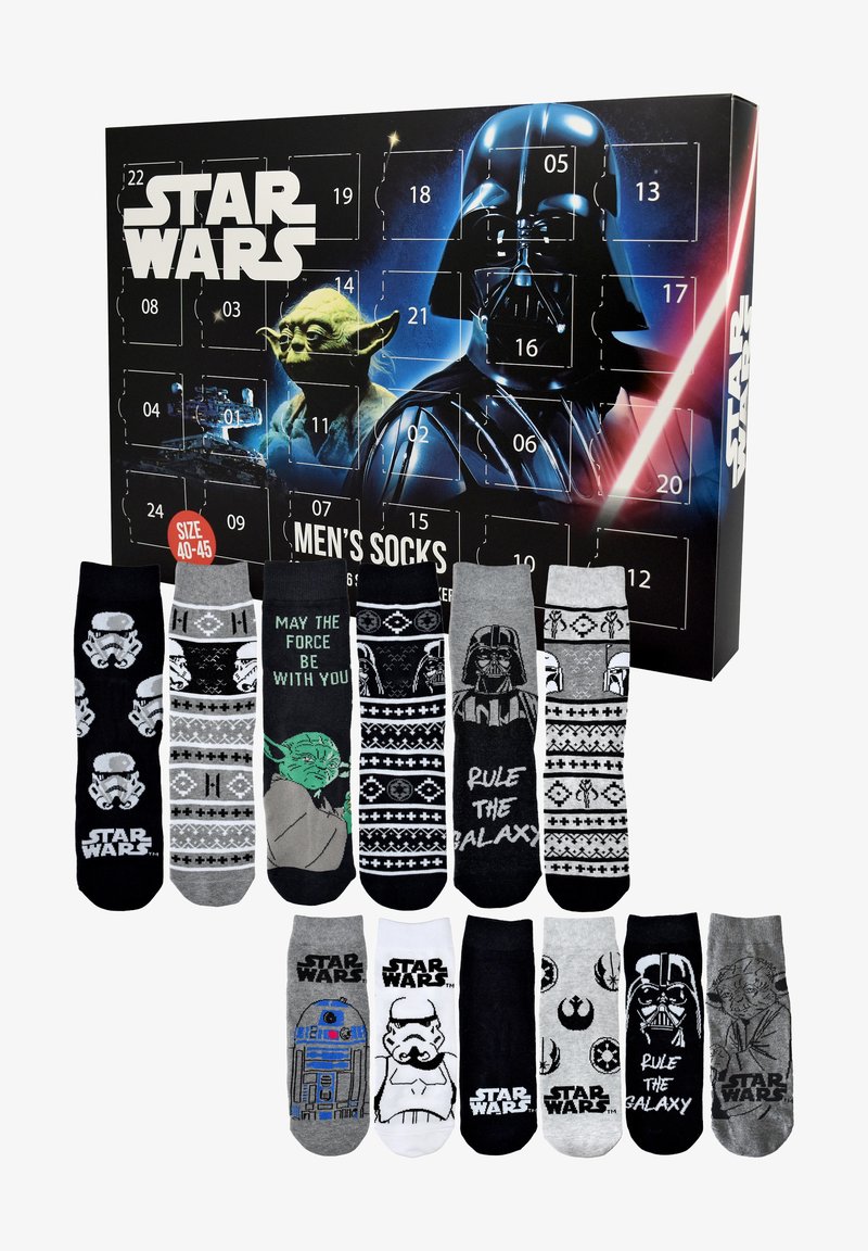 Calendario dell'Avvento di calzini da uomo Star Wars con vari design, colori che includono grigio, nero e bianco, con motivi dei personaggi e frasi.