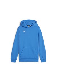 Felpa blu realizzata in un morbido tessuto, dotata di tasca a marsupio, polsini a coste e logo Puma bianco sul petto.