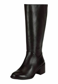 Botas de cuero negro hasta la rodilla con una textura suave, tacón cuadrado, punta redonda y detalles en el panel lateral para facilitar su uso.