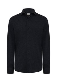 Sort langærmet skjorte lavet af stof med en struktureret overflade. Har spids krave, knaplukning foran og tætsiddende pasform.