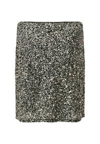 Ezüst flitteres mini szoknya, testhez simuló fazonban. Texturált felülettel, csillogó finish-sel és egyenes szegéllyel rendelkezik. Esti viseletre alkalmas.