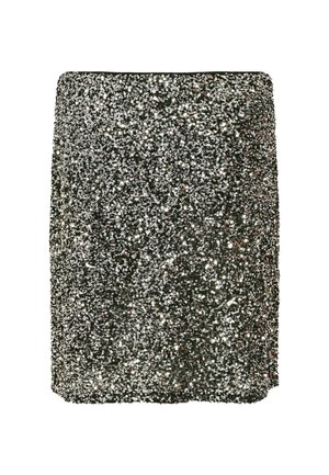 Sudraba spīdīga mini svārku ar pieguļošu formu. Iezīmējas ar teksturētu virsmu, mirdzošu apdari un taisnu apakšu. Piemērots vakara apģērbiem.