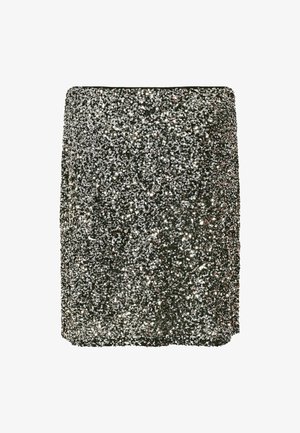 Mini falda de lentejuelas plateadas con forma ajustada. Presenta una superficie texturizada, un acabado brillante y un dobladillo recto. Adecuada para ropa de noche.