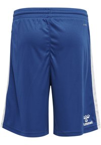 Blå atletiska shorts i slätt, lättviktsmaterial. Har vita sidosträck och "hummel"-logotyp på nedre högra sidan. Bekväm passform.