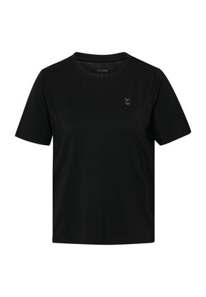 Czarny t-shirt z krótkim rękawem i okrągłym dekoltem, z małym, ciemnoszarym logo podwójnego szewrona na górnej lewej części klatki piersiowej.