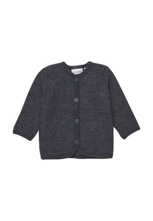 Dunkelgrauer Strickcardigan mit langen Ärmeln, rundem Ausschnitt und fünf Knopfverschluss. Verfügt über eine weiche Textur und ein schlichtes Design.
