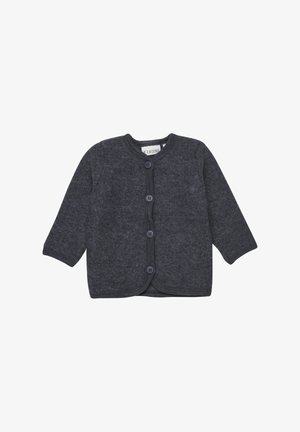 Dunkelgrauer Strickcardigan mit langen Ärmeln, rundem Ausschnitt und fünf Knopfverschluss. Verfügt über eine weiche Textur und ein schlichtes Design.