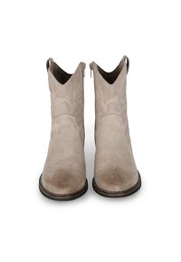 Bottines en daim beige à bout pointu, avec des coutures décoratives et des fermetures éclair sur les côtés pour un accès facile. Surface texturée et talon minimal.