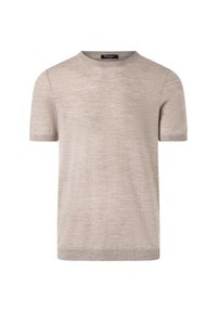 Svetle béžový svetr s krátkým rukávem, kulatým výstřihem, žebrovanými manžetami a měkkou texturou. Jednoduchý design, bez viditelných vzorů nebo akcentů.