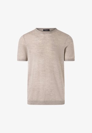 Svetle béžový svetr s krátkým rukávem, kulatým výstřihem, žebrovanými manžetami a měkkou texturou. Jednoduchý design, bez viditelných vzorů nebo akcentů.