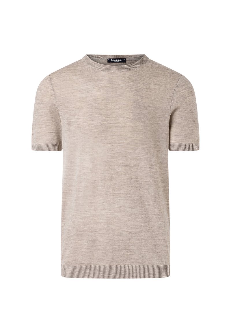 Svetle béžový svetr s krátkým rukávem, kulatým výstřihem, žebrovanými manžetami a měkkou texturou. Jednoduchý design, bez viditelných vzorů nebo akcentů.