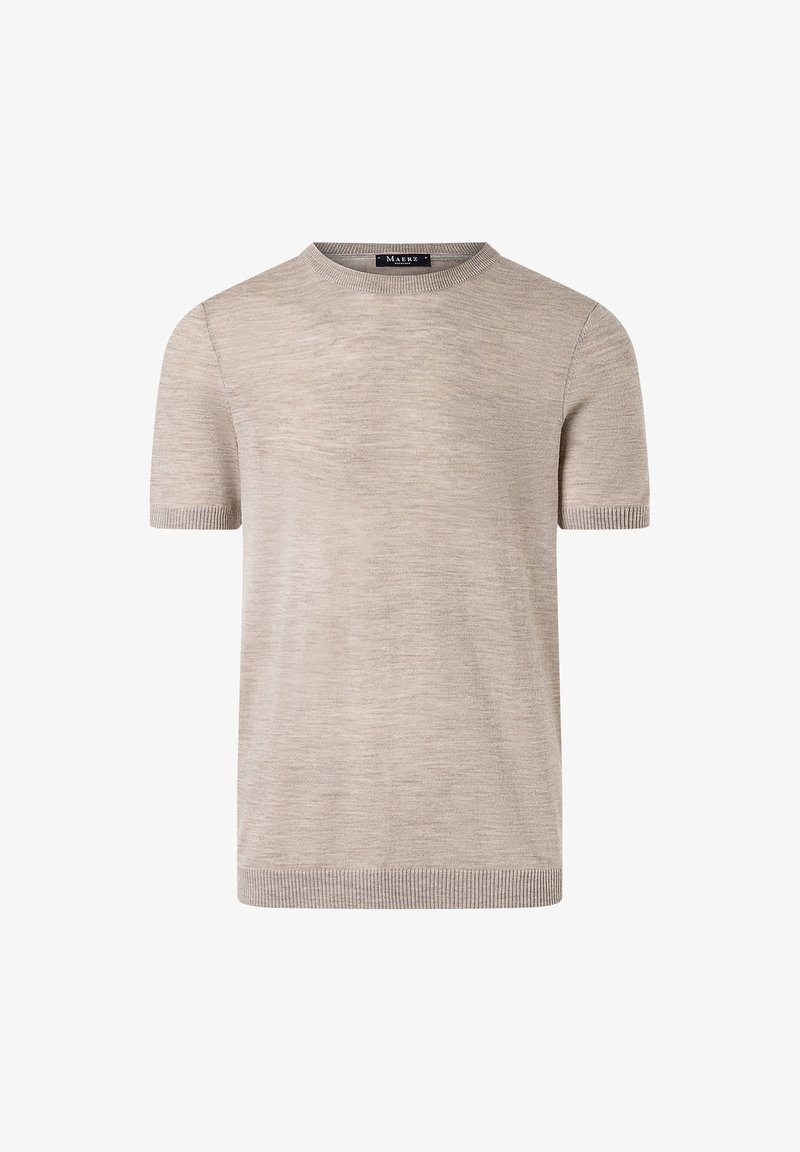 Svetle béžový svetr s krátkým rukávem, kulatým výstřihem, žebrovanými manžetami a měkkou texturou. Jednoduchý design, bez viditelných vzorů nebo akcentů.