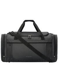 Sac de voyage noir en tissu texturé. Il possède des poignées doubles, une bandoulière ajustable et des compartiments zippés pour le rangement.