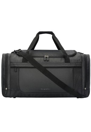 Sac de voyage noir en tissu texturé. Il possède des poignées doubles, une bandoulière ajustable et des compartiments zippés pour le rangement.