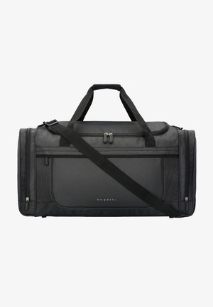 Sac de voyage noir en tissu texturé. Il possède des poignées doubles, une bandoulière ajustable et des compartiments zippés pour le rangement.
