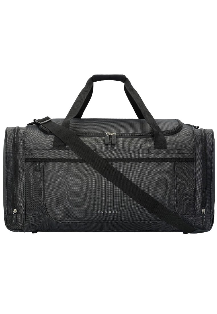 Sac de voyage noir en tissu texturé. Il possède des poignées doubles, une bandoulière ajustable et des compartiments zippés pour le rangement.
