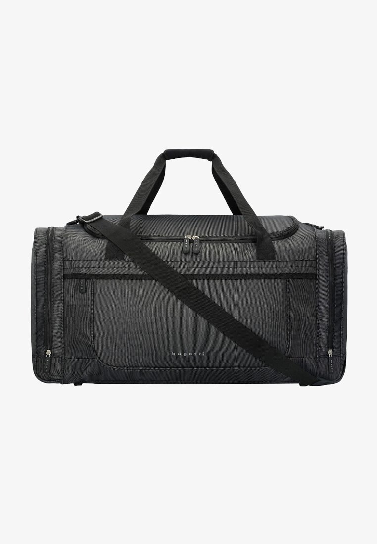 Bolsa de deporte negra hecha de tejido texturizado. Presenta asas dobles, una correa para el hombro ajustable y compartimentos con cremallera para almacenamiento.