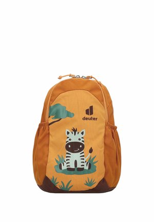 Orange children's backpack with cartoon zebra, green plants, side pockets, and Deuter logo on front panel.