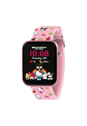 Rosa Smartwatch mit Hello-Kitty-Motiven auf dem Armband und Display, zeigt Uhrzeit, Datum, Herzfrequenz und Schrittzahl an.