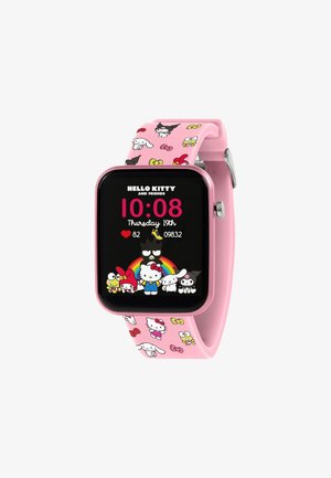 Pink smartwatch with Hello Kitty characters on the strap and display, showing time, date, heart rate, and step count.