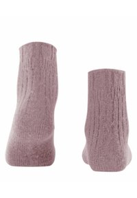 Calze a maglia a coste di colore mauve chiaro, che mettono in mostra una morbida texture con bordo alto e tallone rinforzato. Finitura liscia, adatte per un look casual.