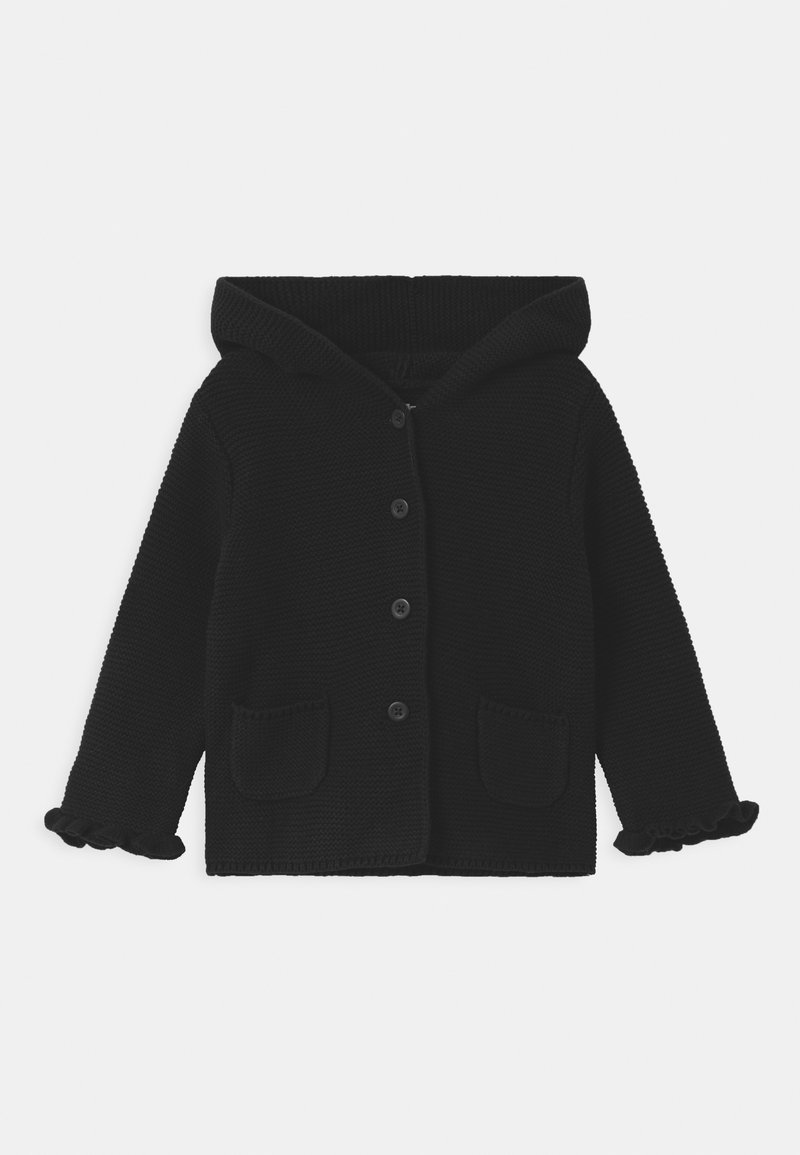 Sweat à capuche en maille noire pour enfants avec boutons sur le devant, deux poches avant et poignets à volants sur les manches longues.