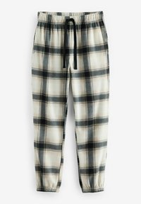 Rutig loungedragt i beige, sort og creme farver, med en elastisk talje og snoretræk samt tapered manchetter.