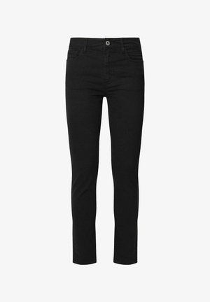 Jeans de mezclilla negra con un corte ajustado, diseño de cinco bolsillos, cierre de cremallera y con botón de plata. Textura suave y corte clásico.