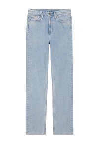 Vaqueros de denim azul claro con corte recto. Cuenta con cinco bolsillos, cierre frontal con botón y un ligero desvanecimiento en la tela.