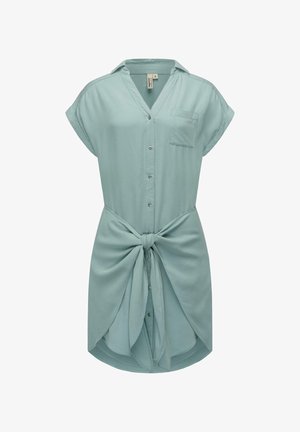 Hellgrünes, kurzärmliges Hemdkleid mit Knopfleiste, Kragen und einem taillierten Band. Hergestellt aus weichem, glattem Stoff mit einer Brusttasche.
