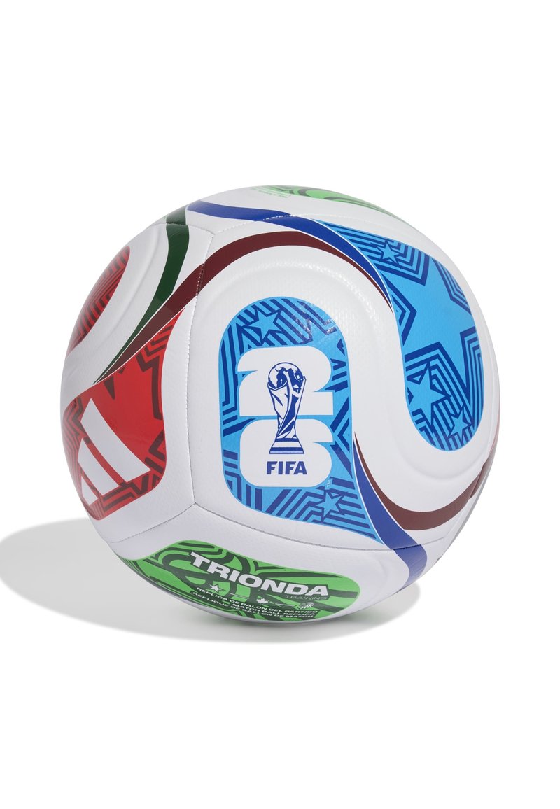 Biała piłka nożna Adidas z wielokolorowymi wzorami gwiazd, logo FIFA oraz marką "Trionda" na jednolitym białym tle.