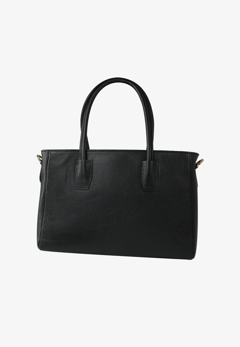 Sac à main en cuir noir avec une surface texturée, deux anses et une forme rectangulaire. Présente un design simple sans éléments métalliques visibles.