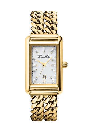 Goldene rechteckige Armbanduhr mit weißem Zifferblatt, goldenen Zeigern, Kristall-Stundenmarkierungen, doppelt dickem Kettenarmband und Datumsanzeige bei sechs Uhr.