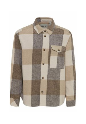 Brun og beige rutete skjorte laget av teksturert stoff, med krage, knappelukking og en frontlomme med klaff.