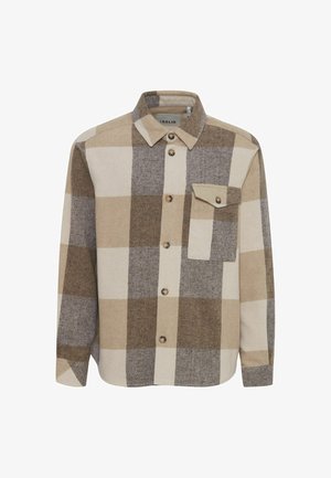 Camicia a quadri marrone e beige realizzata in tessuto testurizzato, dotata di colletto, chiusura a bottoni e tasca frontale con patta.