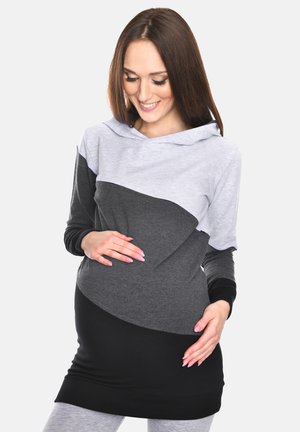 Umstands-Sweatshirt mit Kapuze in Grau, Schwarz und Hellgrau. Verfügt über ein Color-Block-Design, eine Kapuze und eine lockere Passform. Weicher Stoff mit langen Ärmeln.