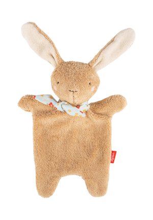 Weicher brauner Plüschhase mit langen Ohren und einem bunten Blumenschal um den Hals, gestaltet als flaches Kuscheltier.