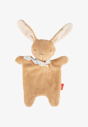 Morbido coniglio di peluche marrone con orecchie lunghe e una sciarpa floreale colorata intorno al collo, progettato come un giocattolo piatto da coccolare.