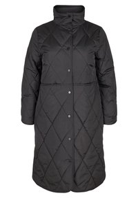 Sort quiltet lang frakke med høj krave, knaplukning og diamantmønster på stoffet, samt sidelommer.