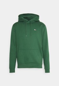 Sudadera verde hecha de tela suave con un bolsillo frontal, cordón ajustable y un pequeño logo en la parte superior izquierda. Textura suave, corte relajado.