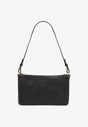 Black leather crossbody bag with a textured surface, zip closure, and adjustable strap. Features gold-tone hardware and a minimalist design.