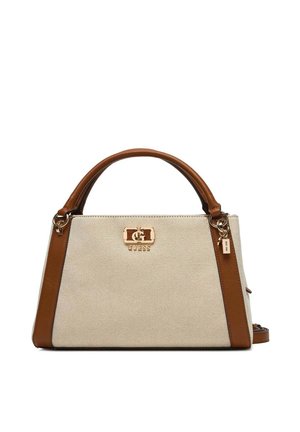 Beige and brown structured handbag with rounded top handles, gold-tone Guess logo on front, and detachable shoulder strap.