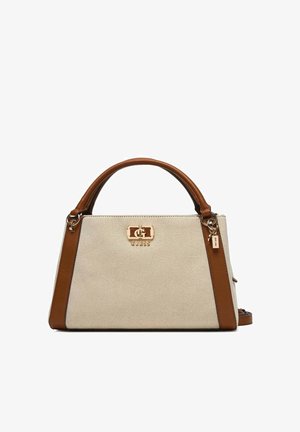 Sac à main structuré beige et marron avec poignées supérieures arrondies, logo Guess doré sur le devant, et bandoulière amovible.